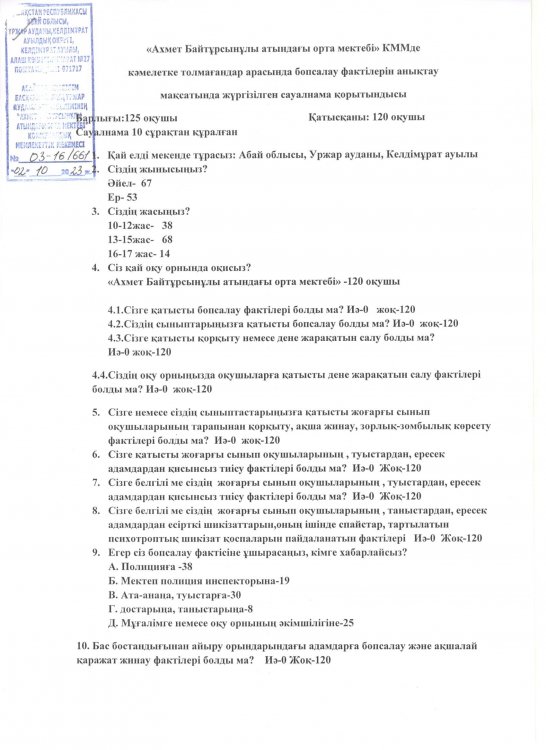 Құқықбұзушылықтың алдын алуға арналған сауалнама қорытындысы