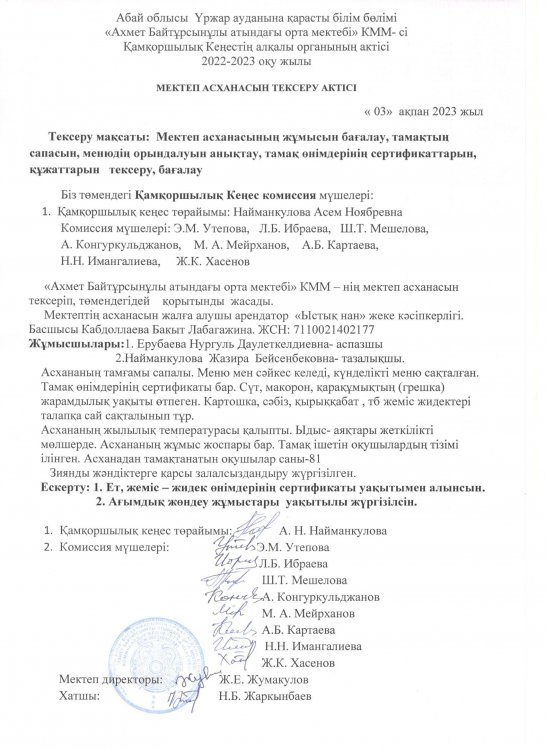 Мектеп асханасының жұмысын тексеру актісі.