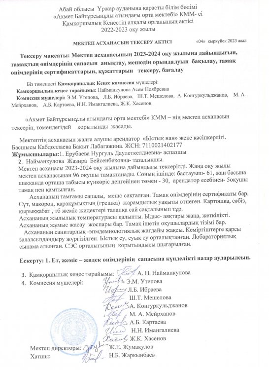 Мектеп асханасының 2023-2024 оқу жылына дайындығын тексеру  хаттамасы