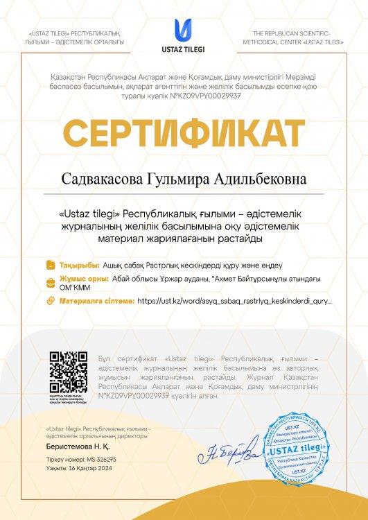 Садвакасова Гульмира Адильбековнаның жетістігі