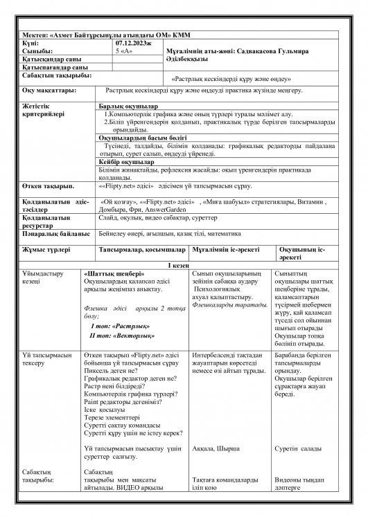 Растрлық кескіндерді құру және өңдеу  ашық сабағы