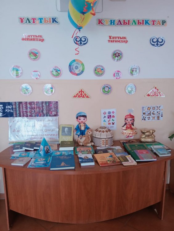 Мектеп кітапханашысының Ұлы Отан соғысының аяқталуына 80 жыл толуына орай ұйымдастырған көрмесі