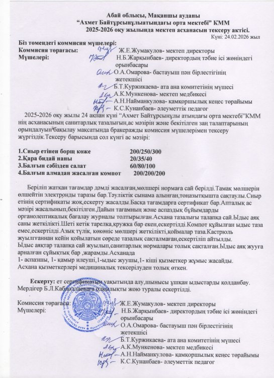 Мектеп асханасын тексеру актісі 2025-2026 оқу жылы
